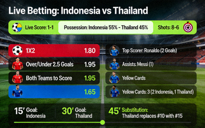 Halaman detail taruhan live (in-play) pada pertandingan sepak bola dengan statistik real-time