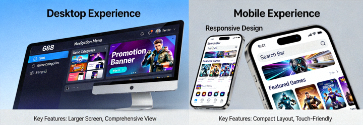 Animasi perbandingan pengalaman pengguna antara akses M88 di desktop dan di perangkat mobile smartphone