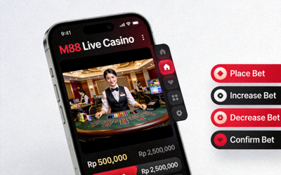 Tampilan live casino M88 di smartphone dengan video streaming dealer langsung dan kontrol taruhan di sisi layar